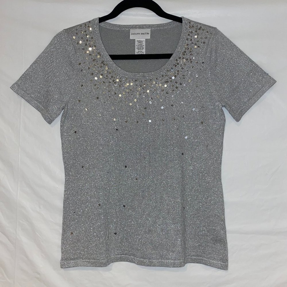 Jaclyn Smith Silver Sequence Short Sleeve Shirt